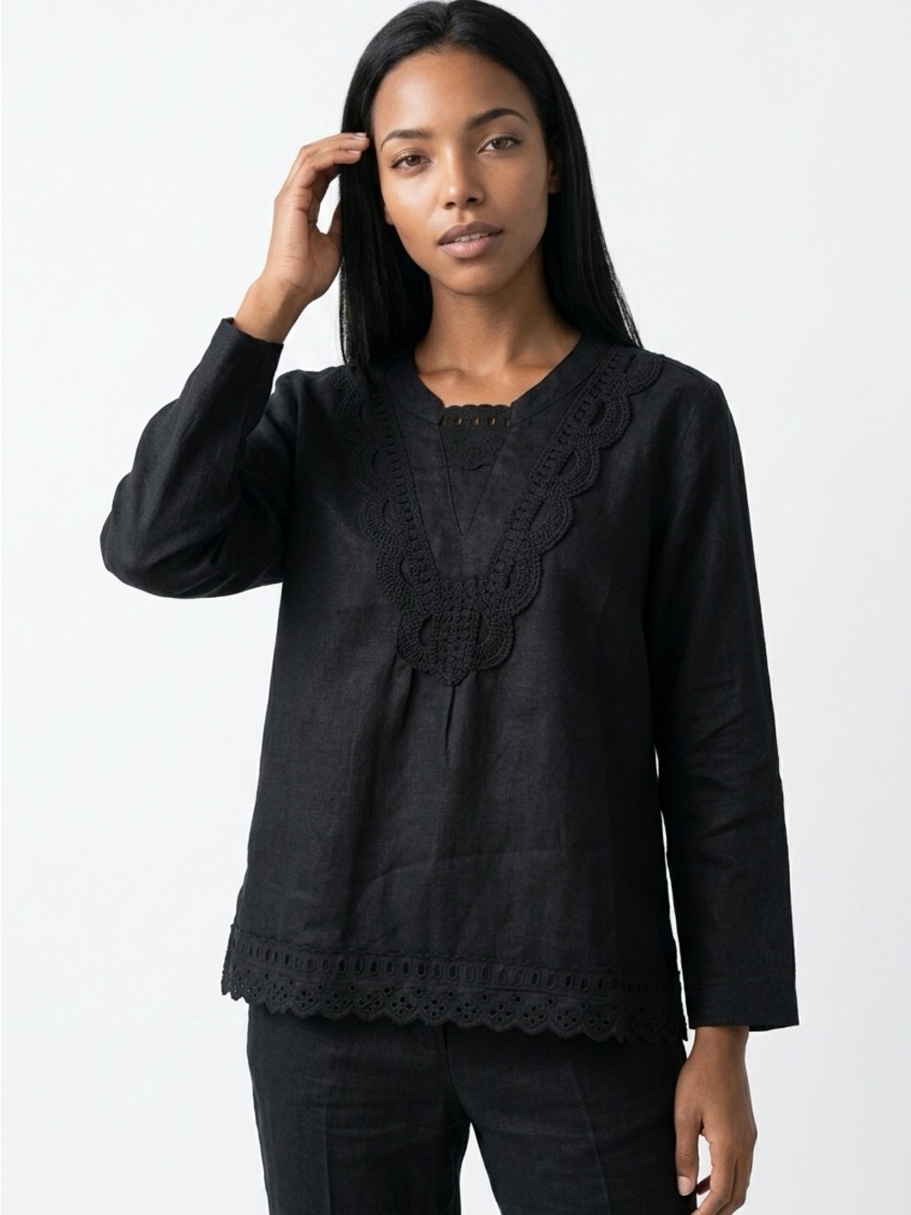 Hot Cotton Womens Sz Large Black 100% Linen w Crochet & Eyelet Lace Top
